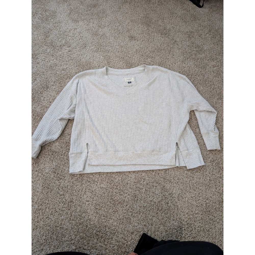 American Eagle Womens Gray Waffle Knit V-Neck Pullover Sweater Relaxed Fit S